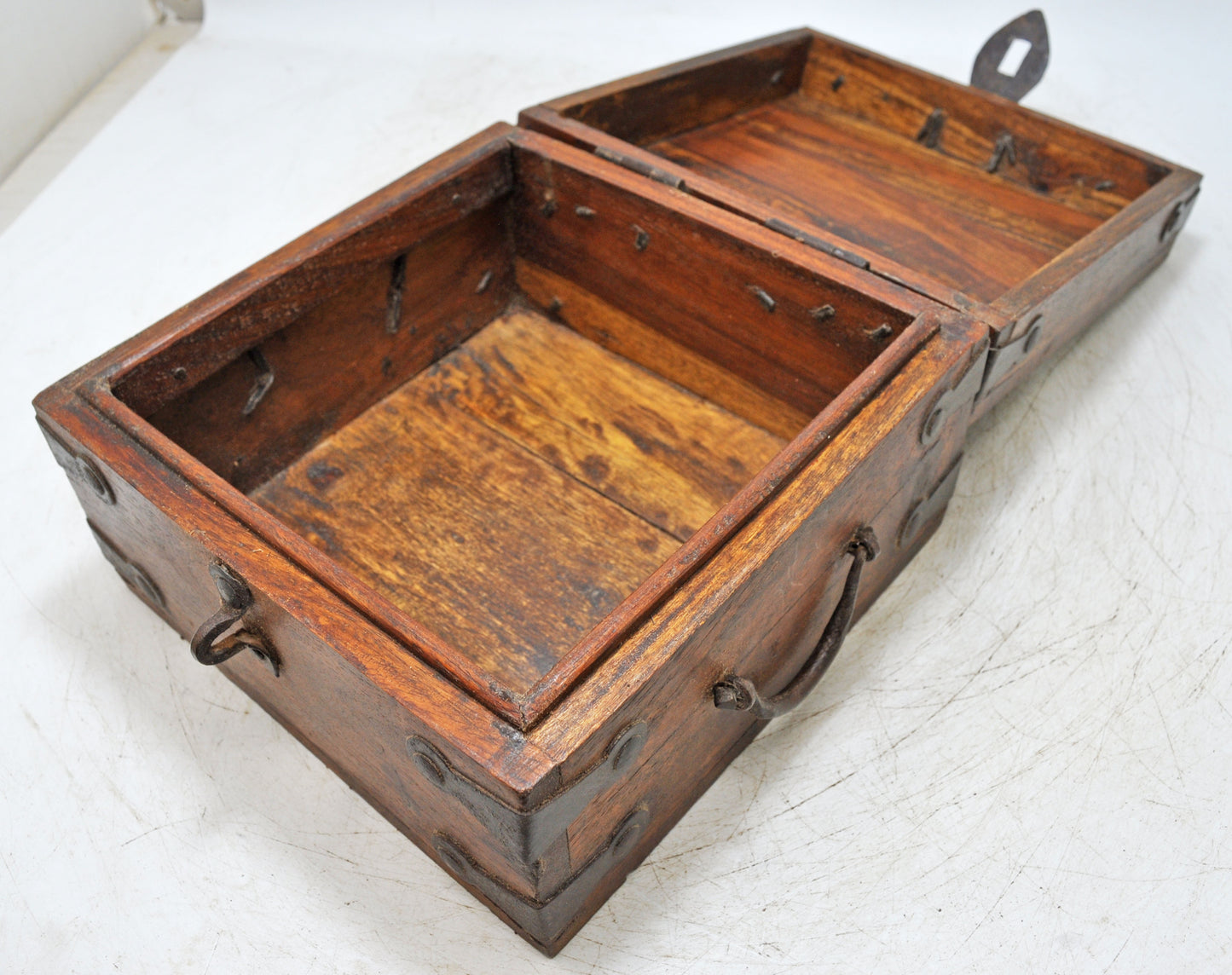 Vintage Wooden Square Storage Box Original Old Hand Crafted Metal Fitted
