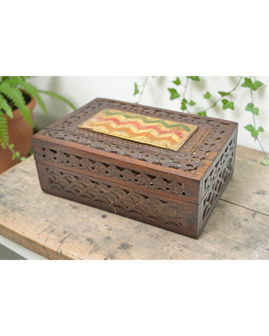 Vintage Wooden Small Jewelery Box Original Old Hand Crafted Carved Painted