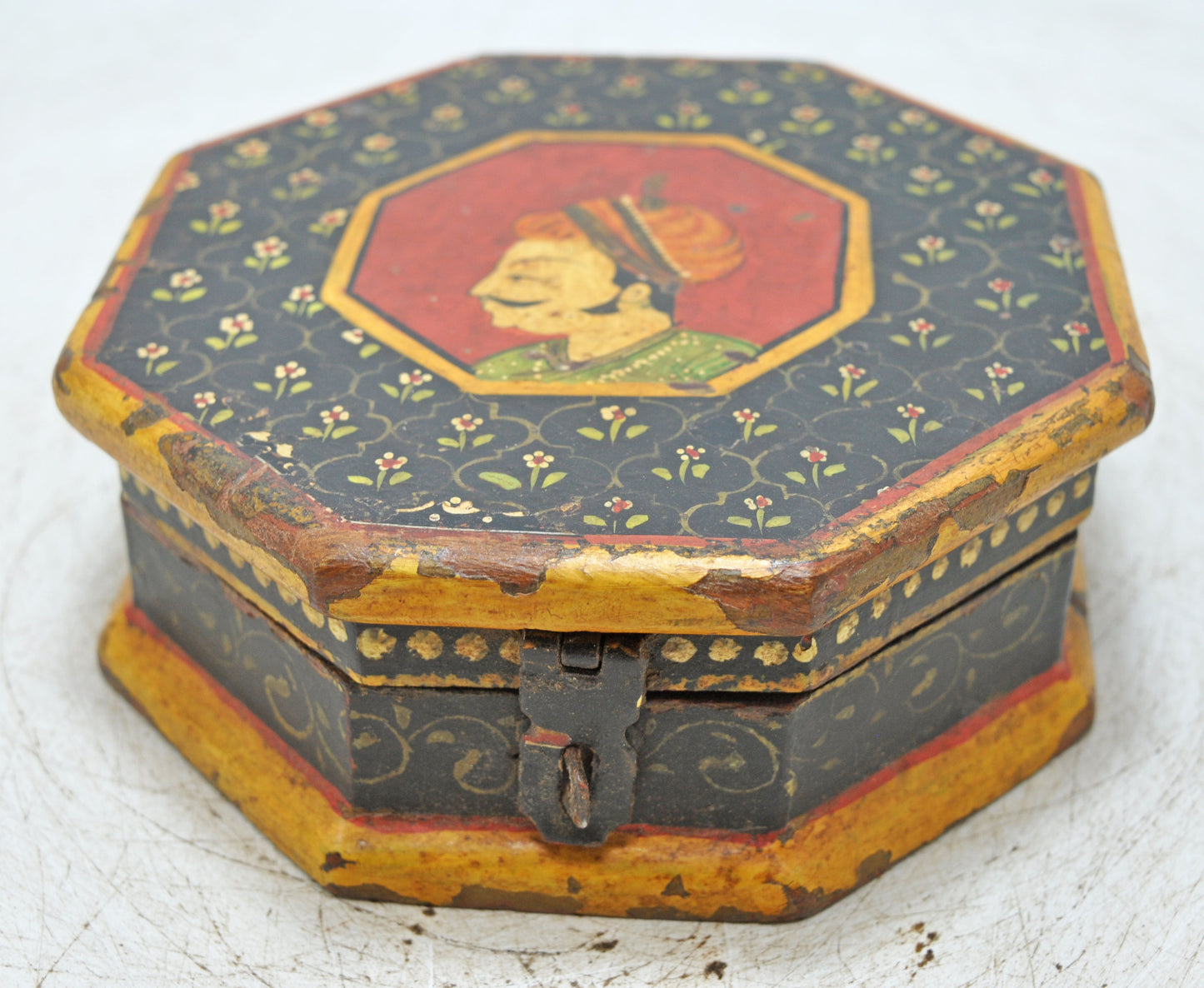 Vintage Wooden Octagonal Small Storage Box Original Old Fine Hand Painted