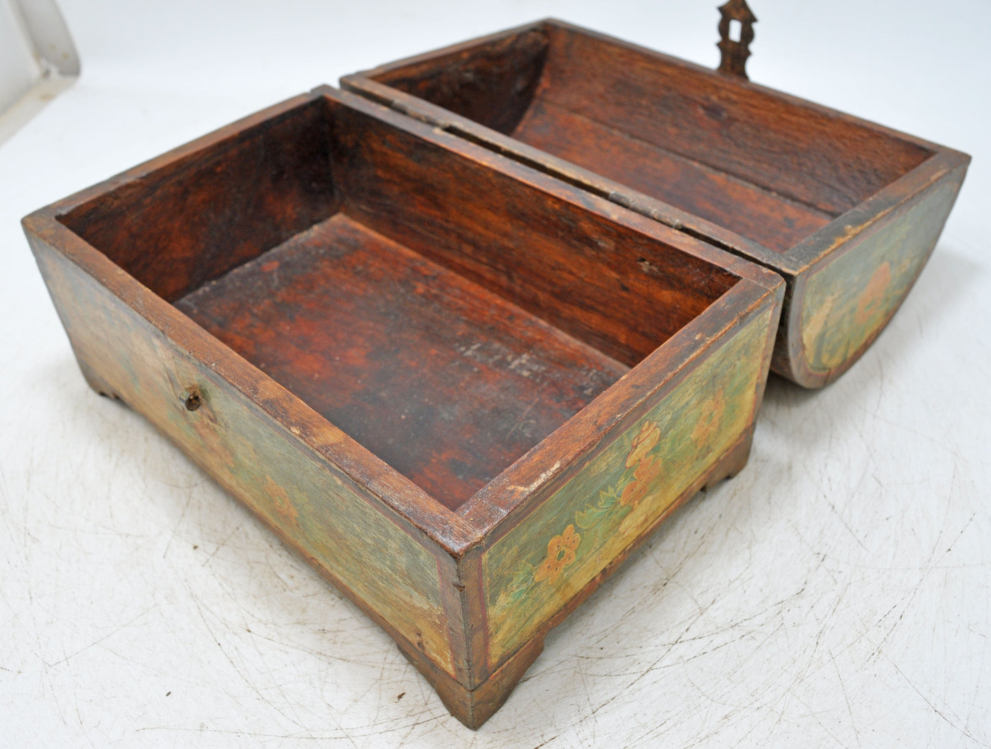 Vintage Wooden Half Round Storage Box Original Old Hand Crafted Painted