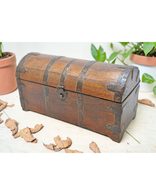 Vintage Wooden Half Round Storage Box Original Old Hand Crafted Metal Fitted