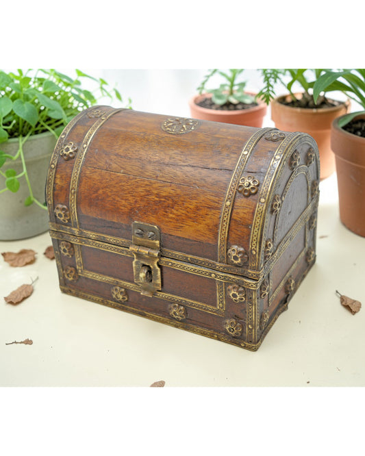 Vintage Wooden Small Half Round Storage Box Original Old Brass Fitted