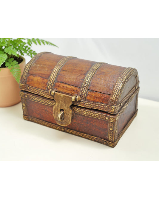 Vintage Wooden Small Half Round Storage Box Original Old Brass Fitted