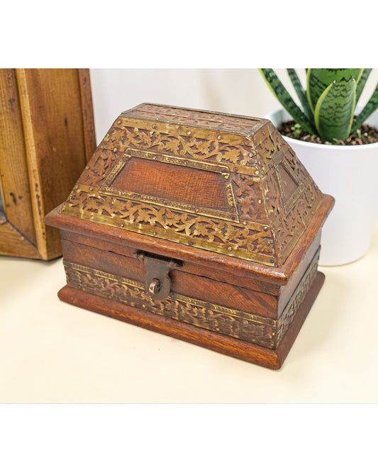 Vintage Wooden Dome Shaped Storage Box Original Old Brass Fitted