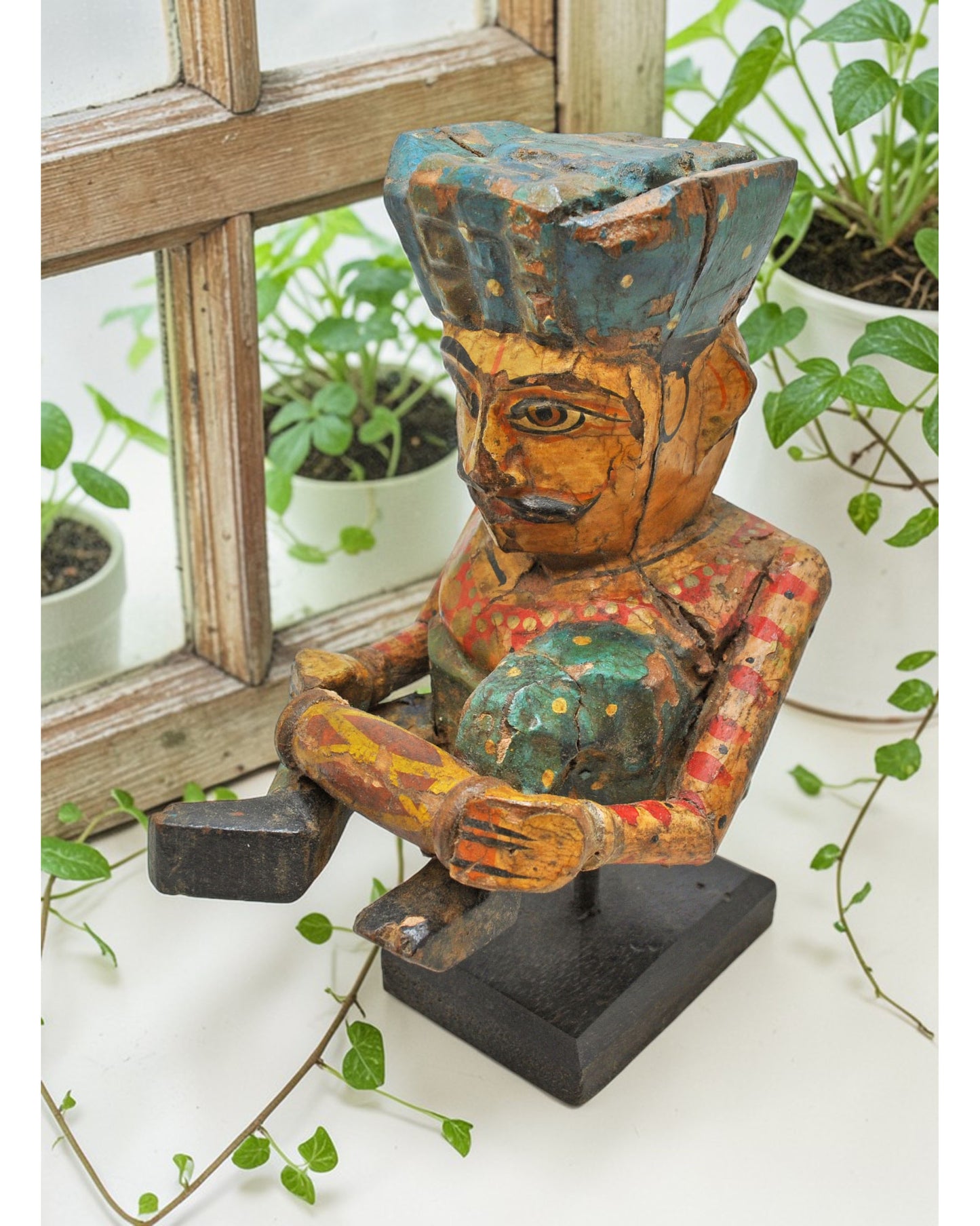 Antique Wooden Musician Man Figurine Original Old Fine Hand Carved Painted