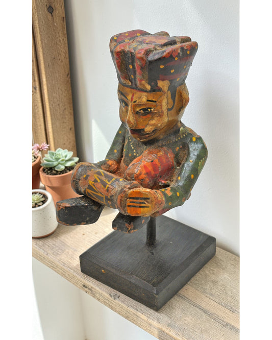 Antique Wooden Musician Man Figurine Original Old Fine Hand Carved Painted