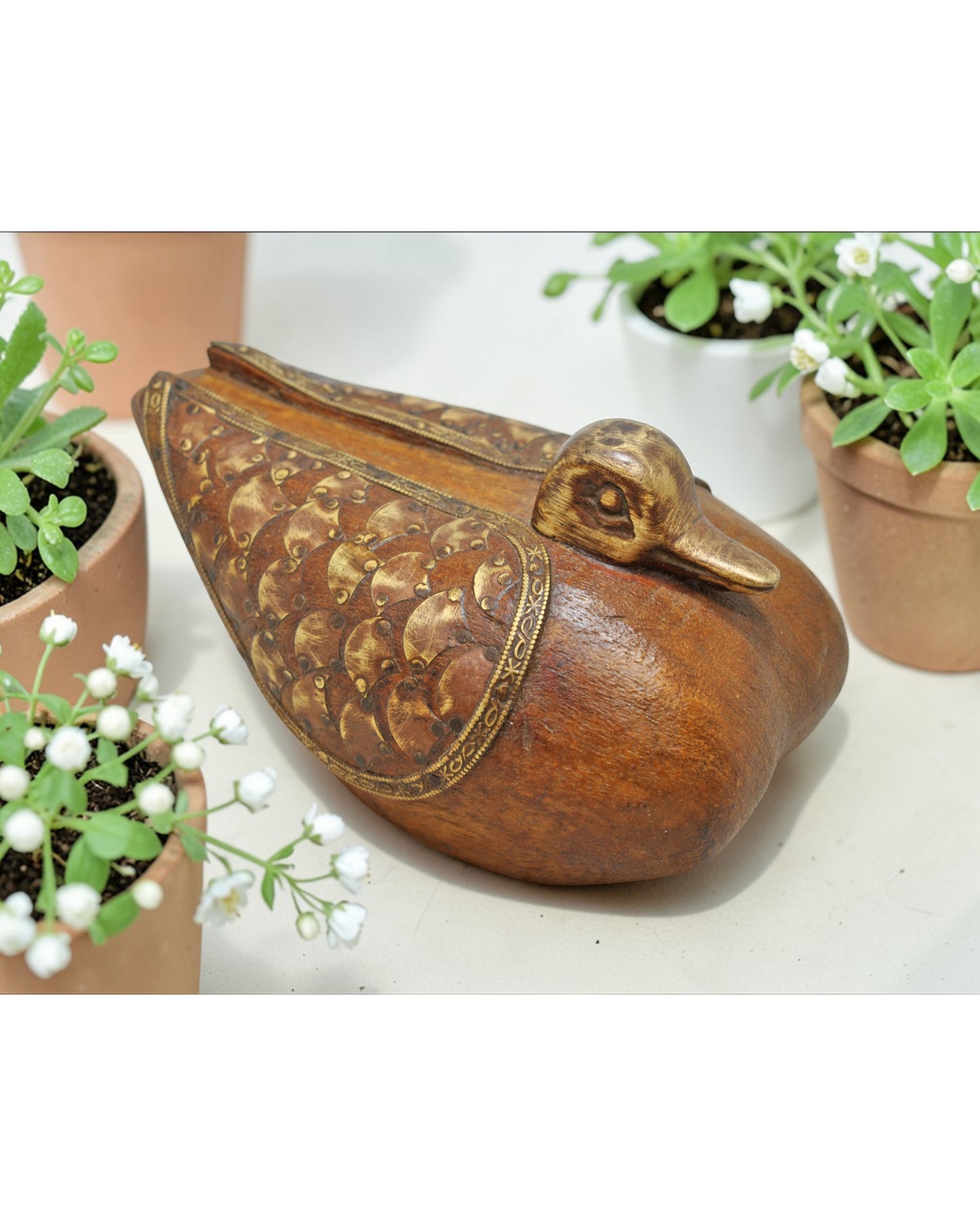 Vintage Wooden Duck Figurine Original Old Fine Hand Carved Brass Fitted