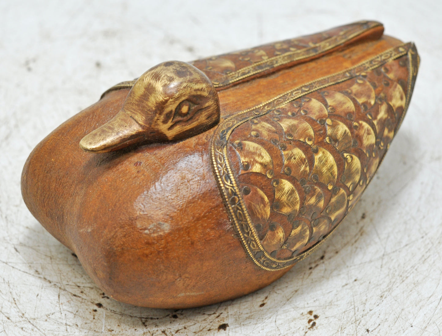 Vintage Wooden Duck Figurine Original Old Fine Hand Carved Brass Fitted