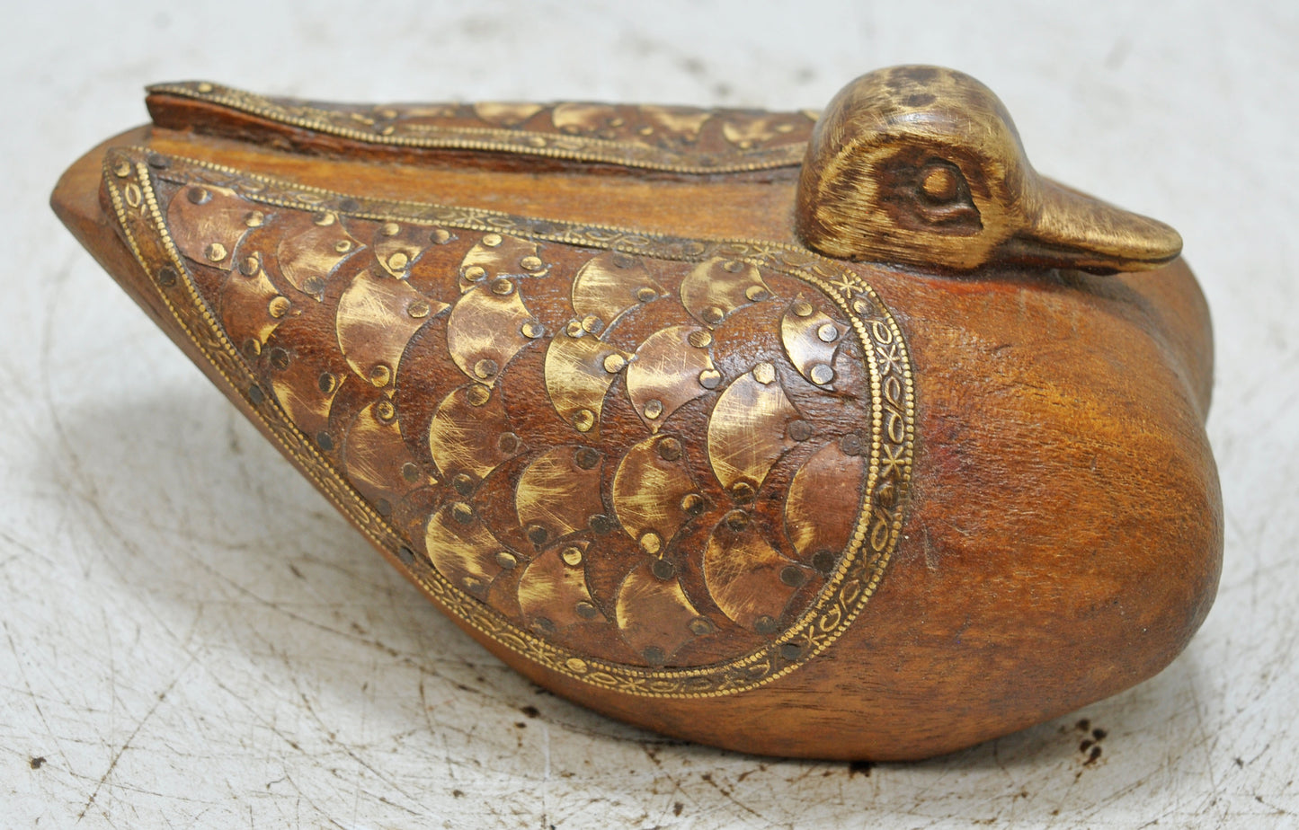 Vintage Wooden Duck Figurine Original Old Fine Hand Carved Brass Fitted