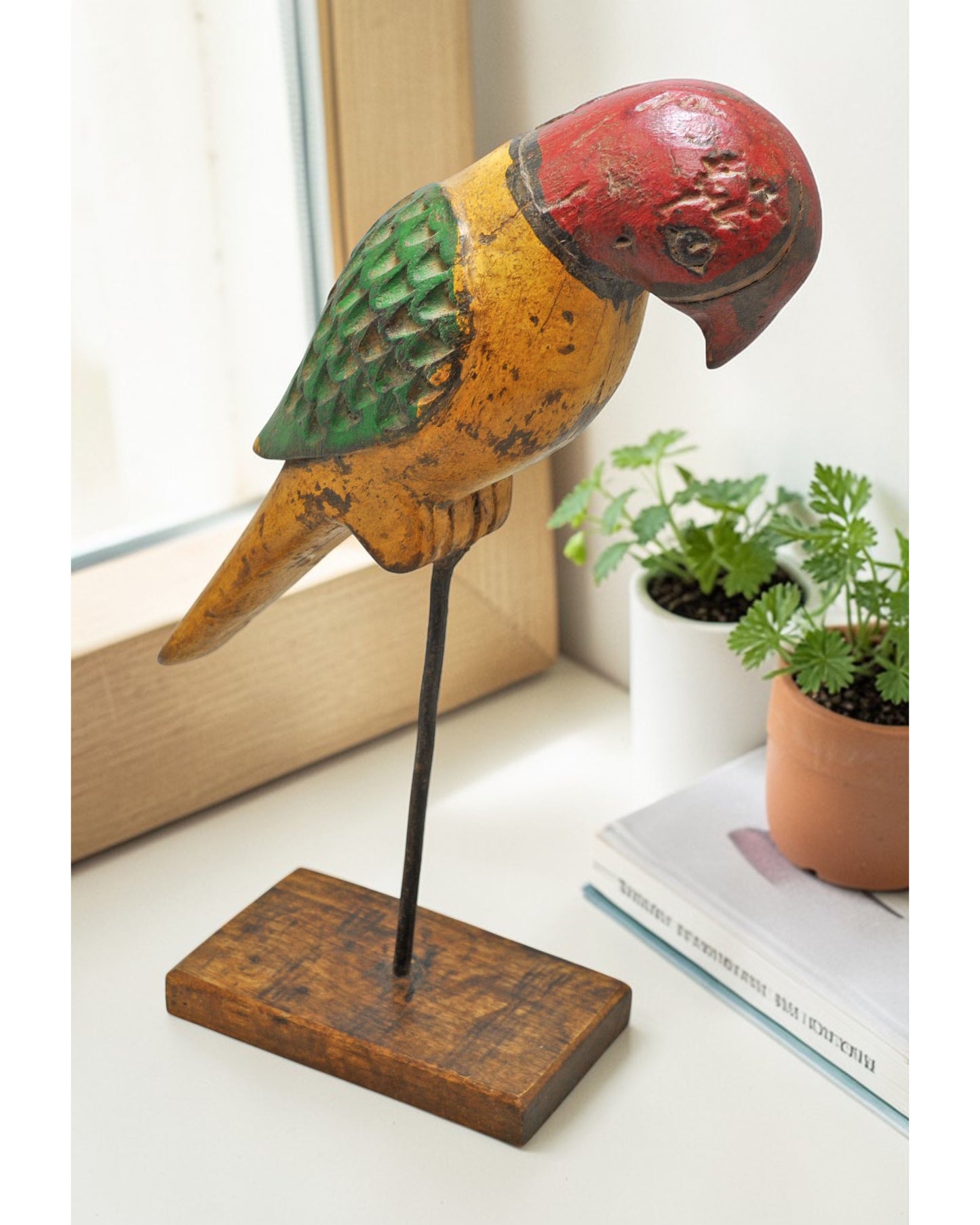 Vintage Wooden Parrot Bird Figurine Original Old Hand Carved Painted