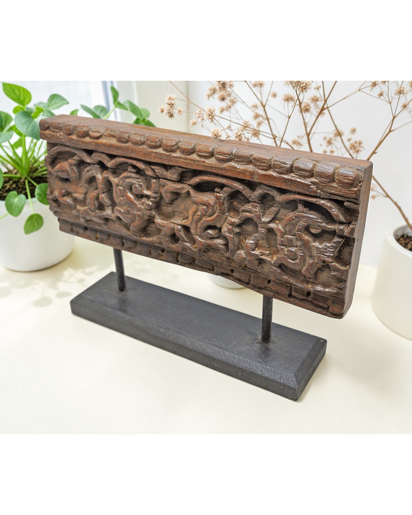 Antique Wooden Floral Carving Panel Plaque Original Old Hand Carved