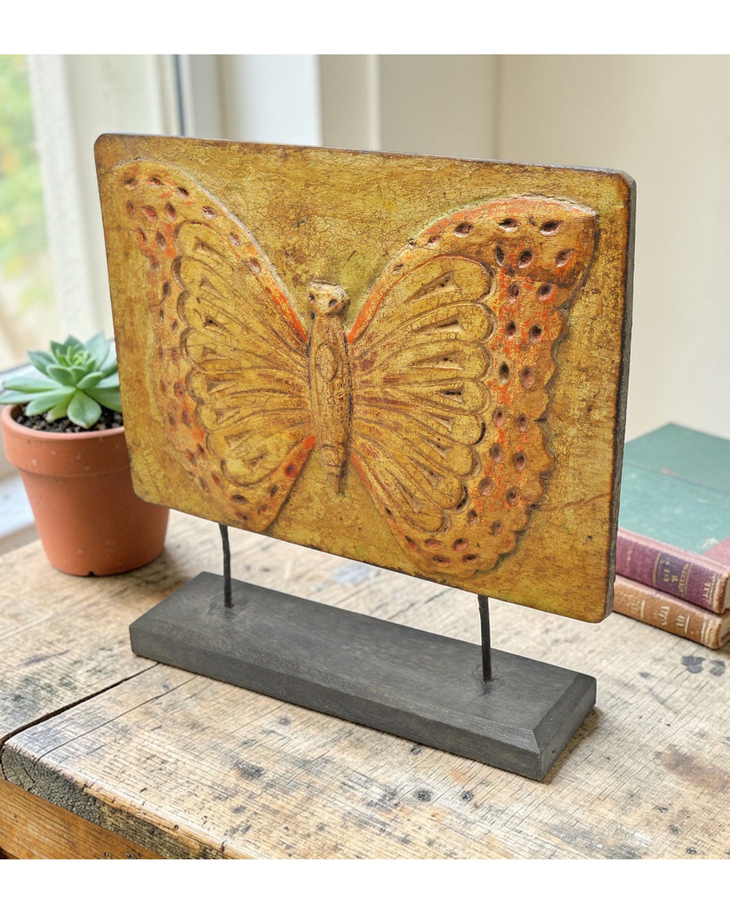 Vintage Wooden Butterfly Figure Carving Panel Plaque Original Old Fine Hand Carved