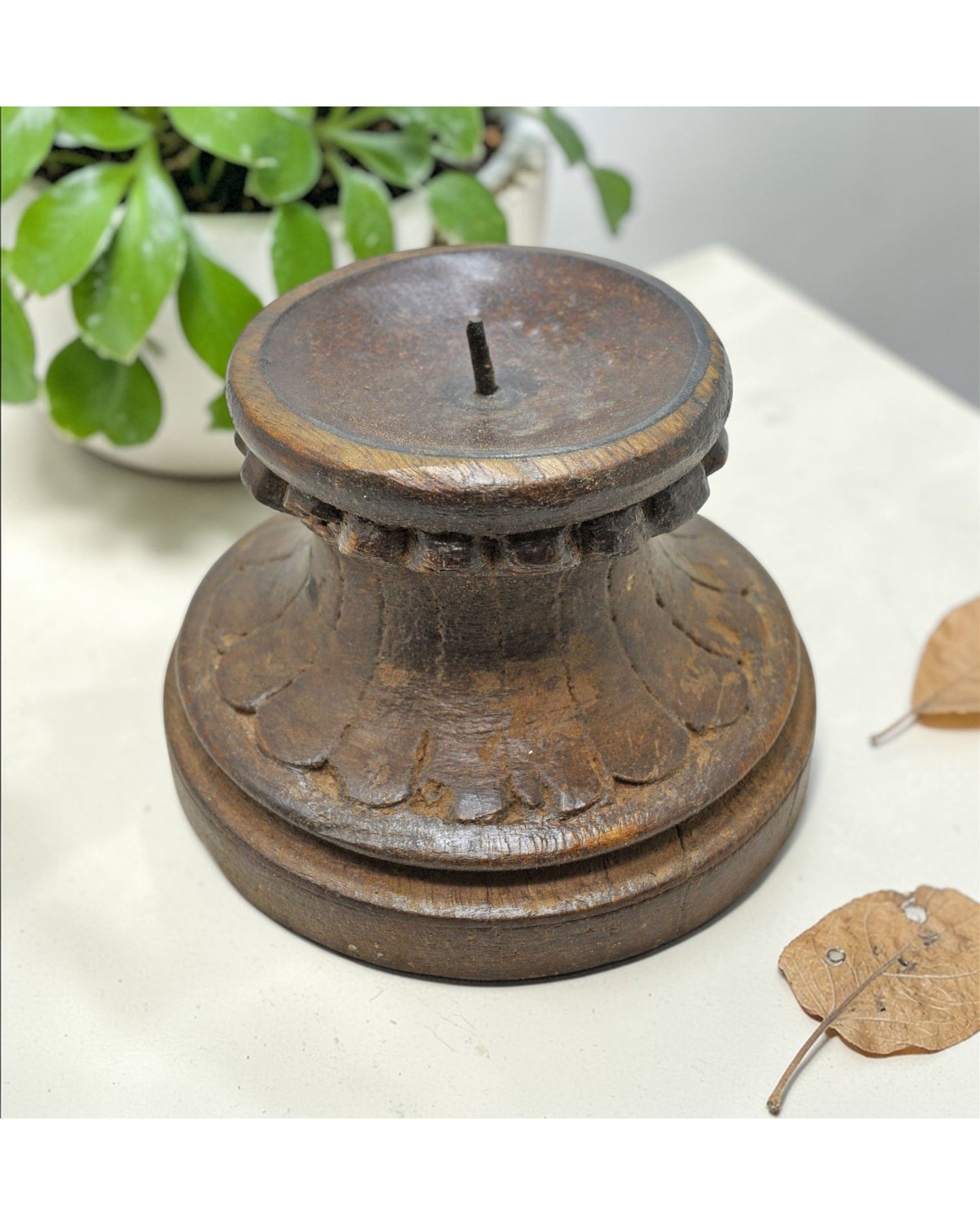 Vintage Wooden Round Candle Holder Stand Original Old Fine Hand Carved