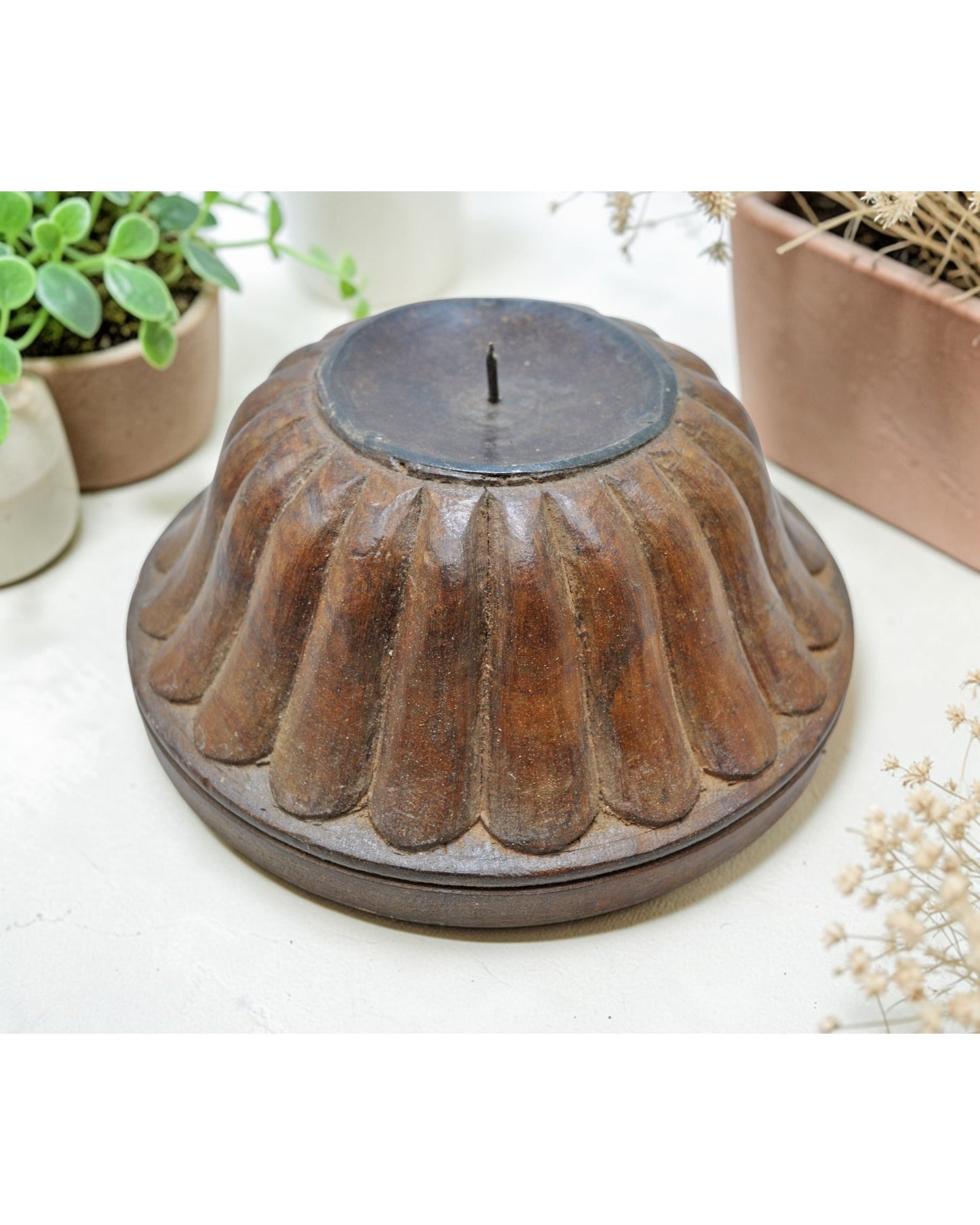 Vintage Wooden Round Candle Holder Stand Original Old Fine Hand Carved