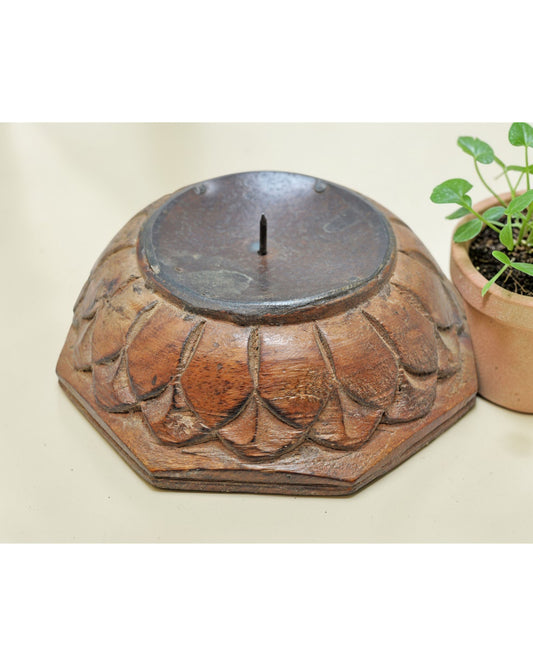 Vintage Wooden Round Candle Holder Stand Original Old Fine Hand Carved