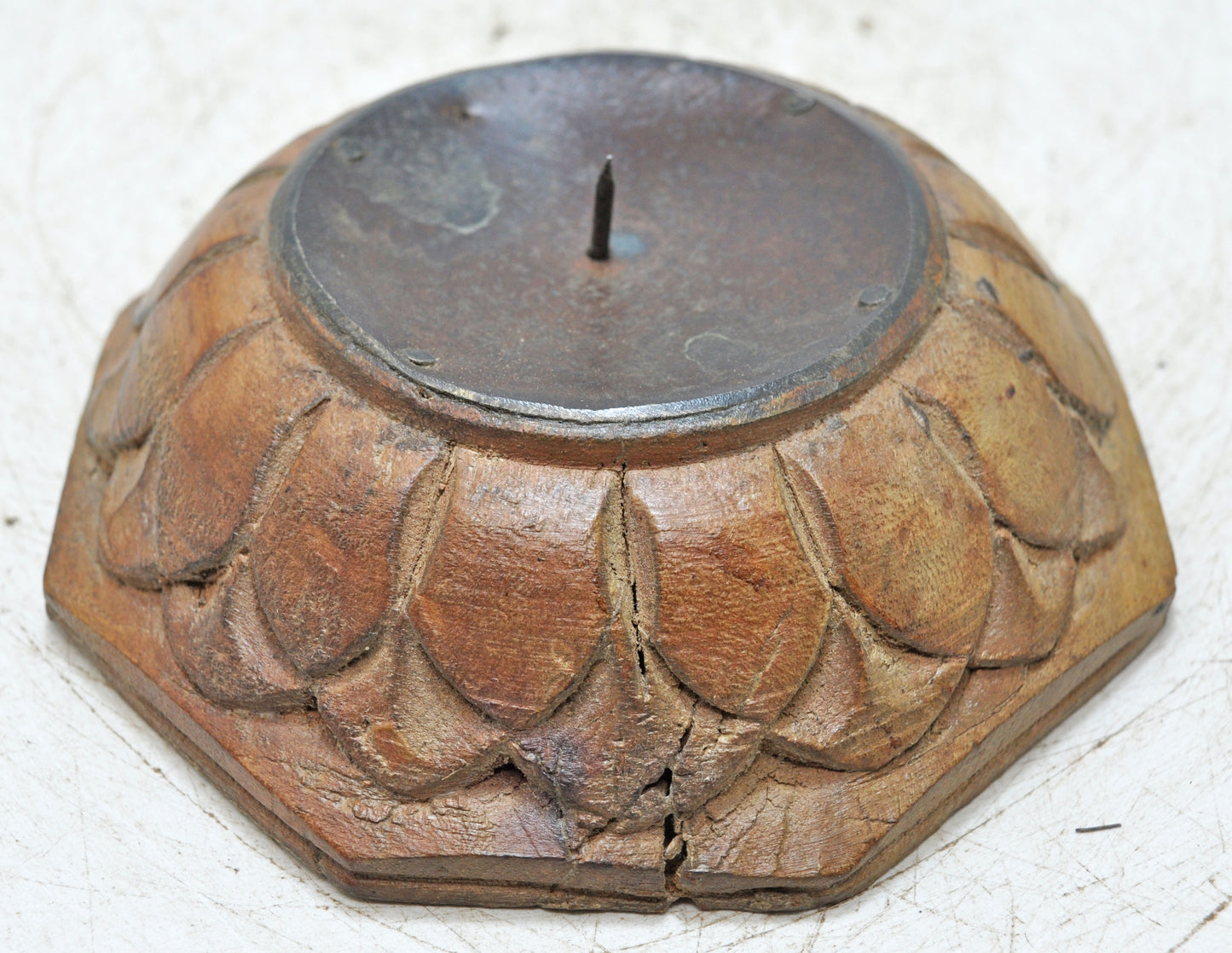 Vintage Wooden Round Candle Holder Stand Original Old Fine Hand Carved