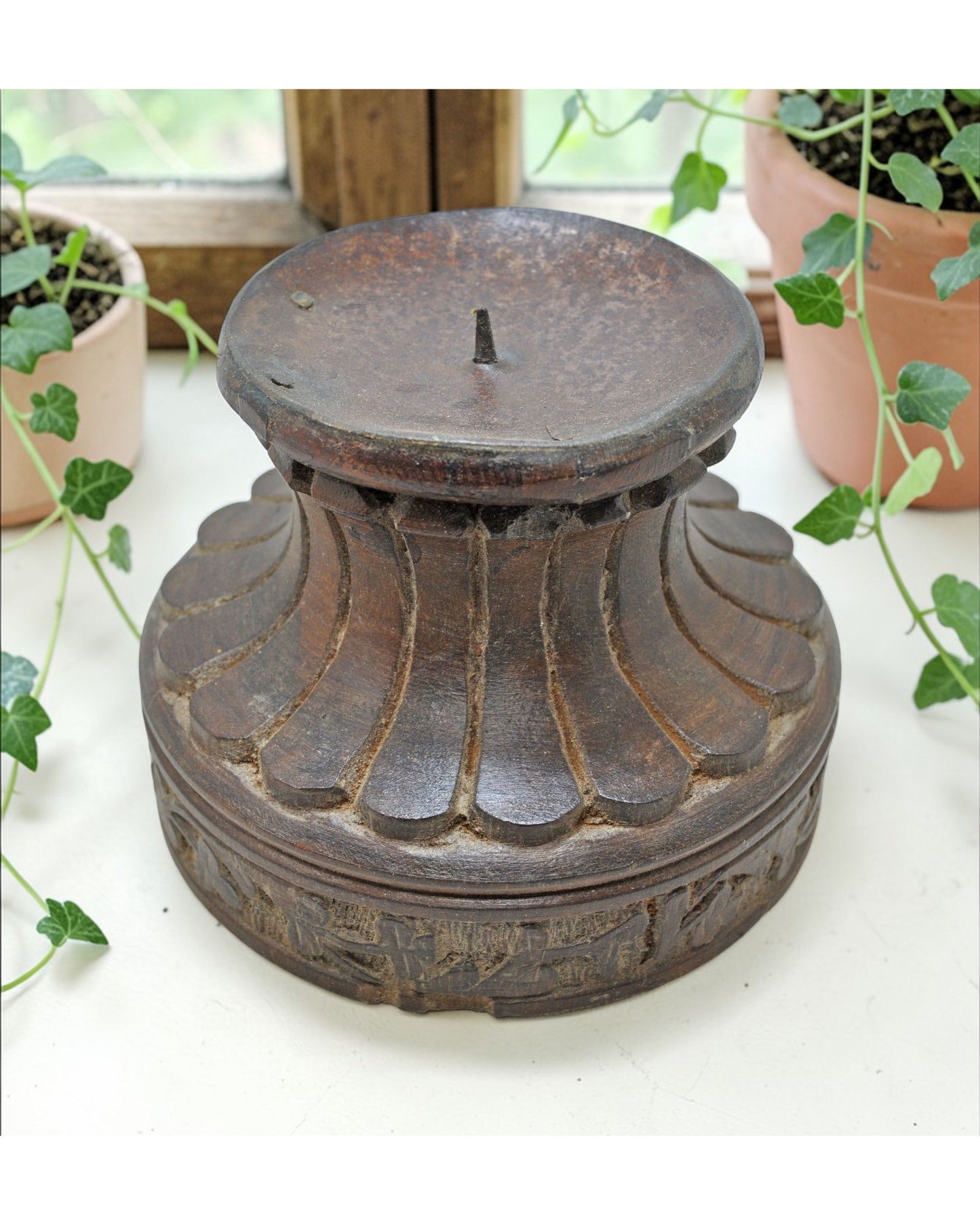 Vintage Wooden Round Candle Holder Stand Original Old Fine Hand Carved