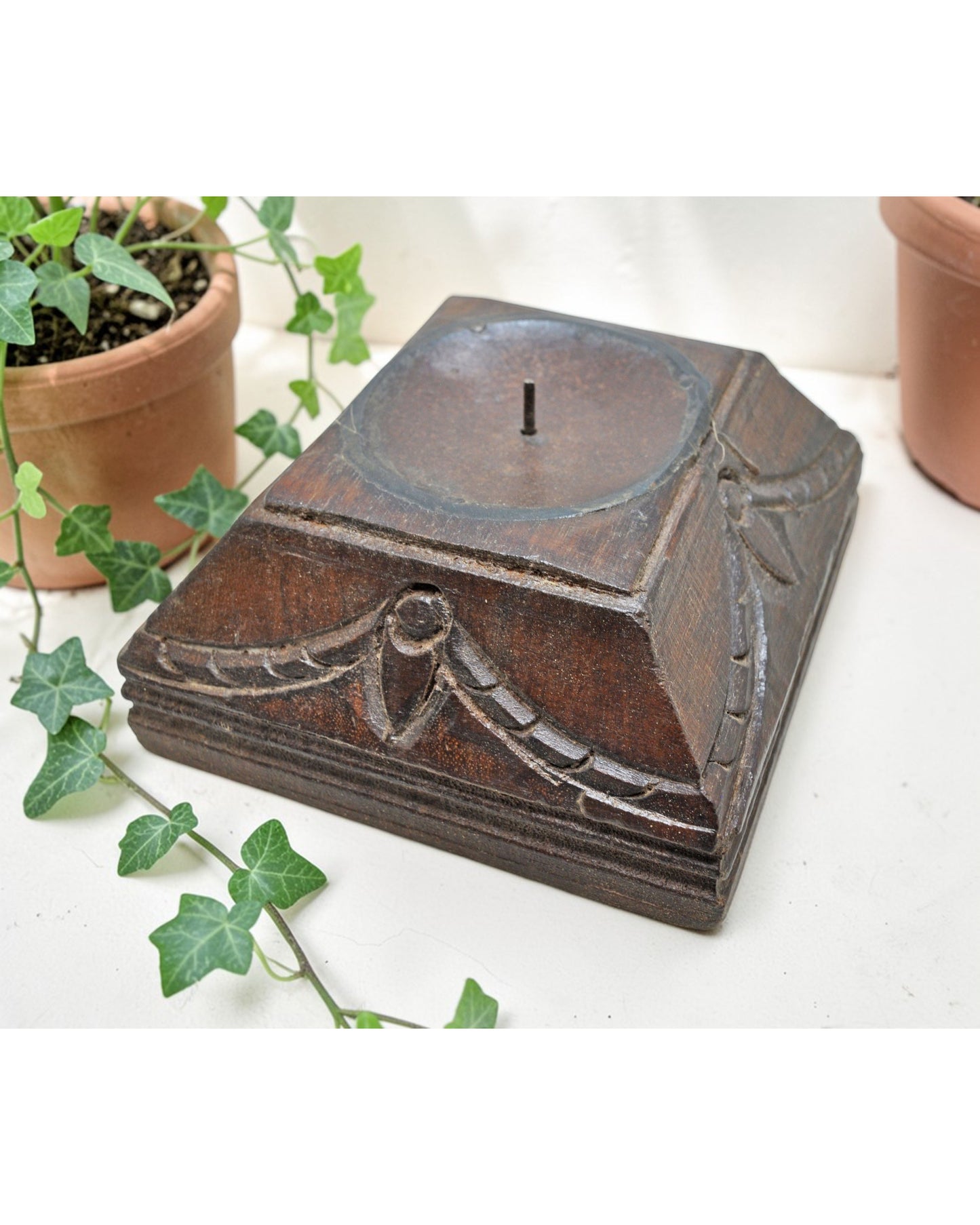 Vintage Wooden Square Candle Holder Stand Original Old Fine Hand Carved