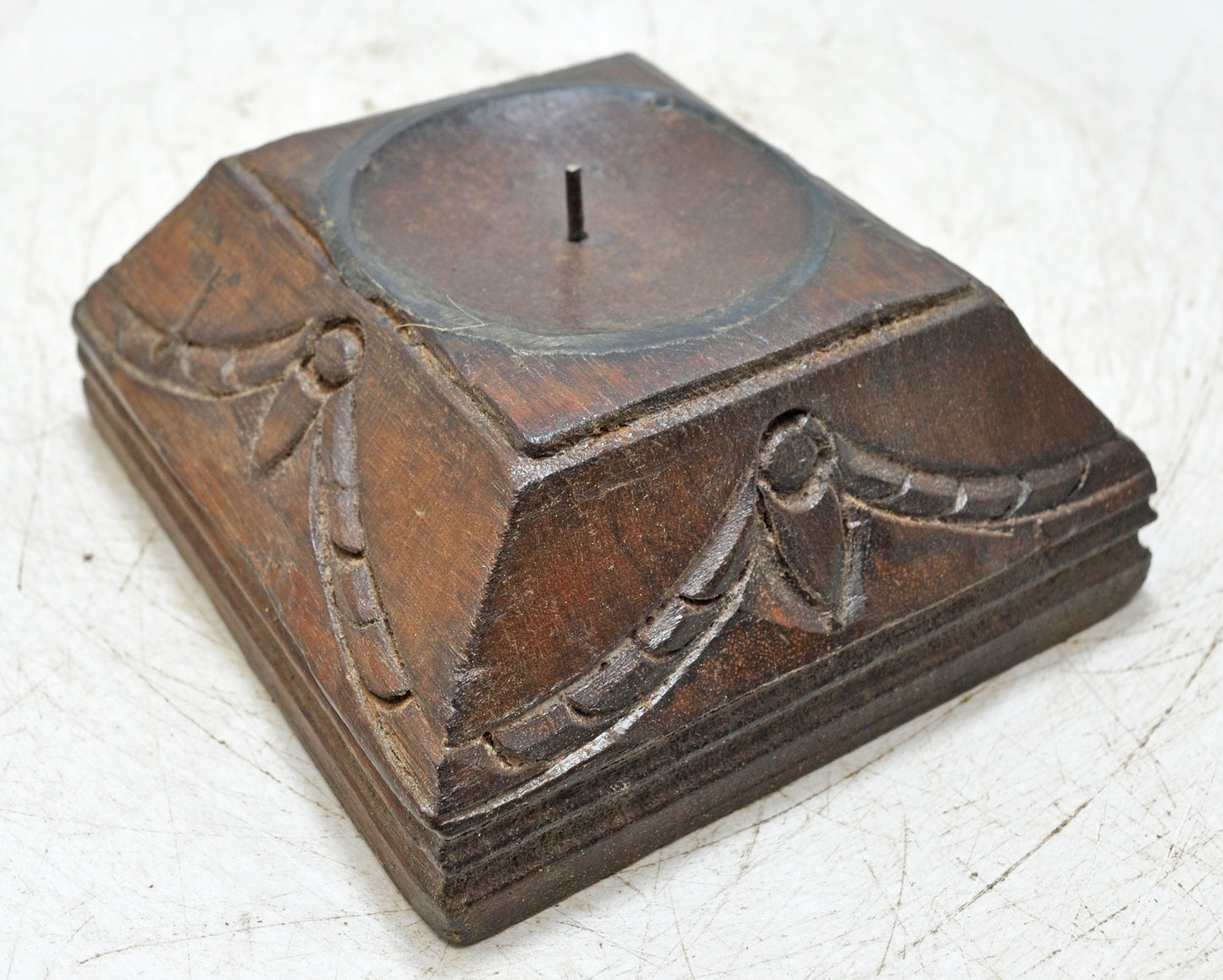 Vintage Wooden Square Candle Holder Stand Original Old Fine Hand Carved