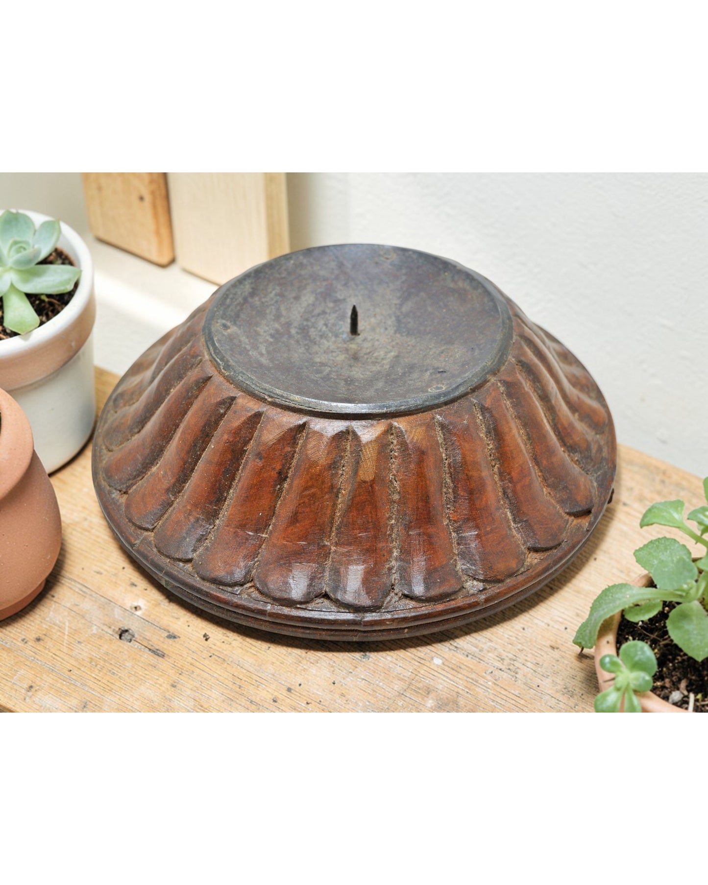 Vintage Wooden Round Candle Holder Stand Original Old Fine Hand Carved