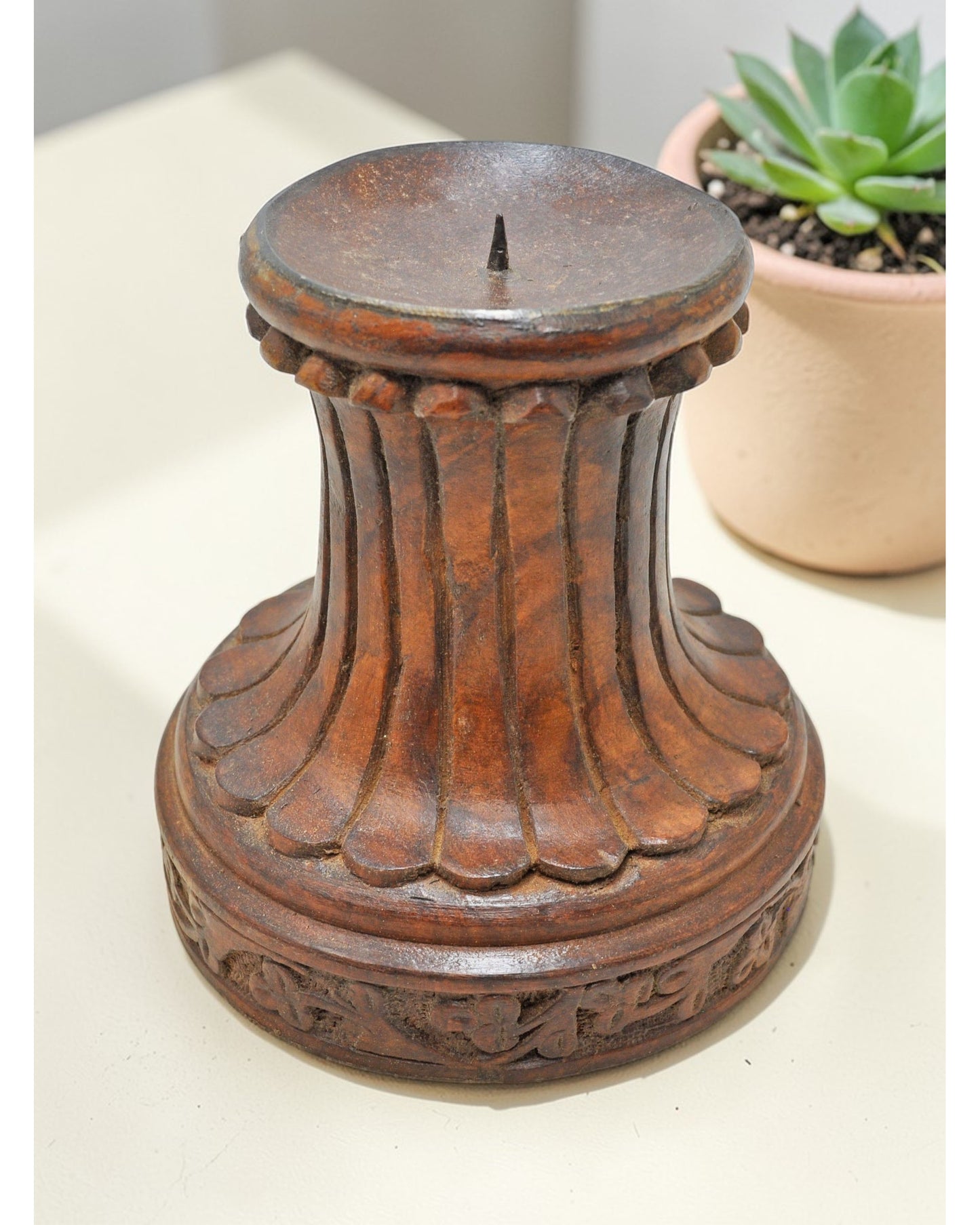 Vintage Wooden Round Candle Holder Stand Original Old Fine Hand Carved