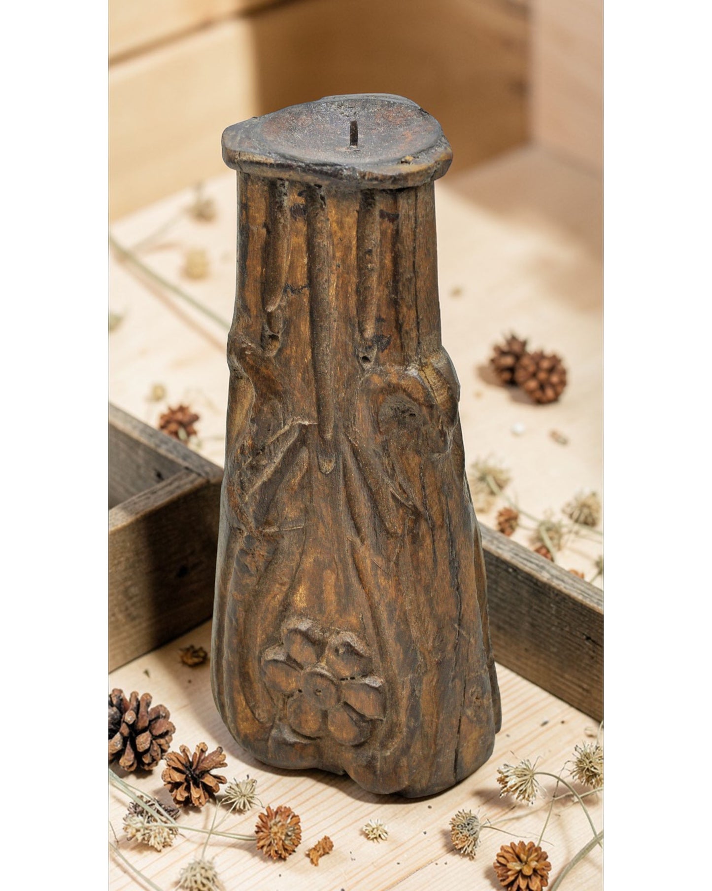 Antique Wooden Candle Holder Stand Original Old Hand Carved