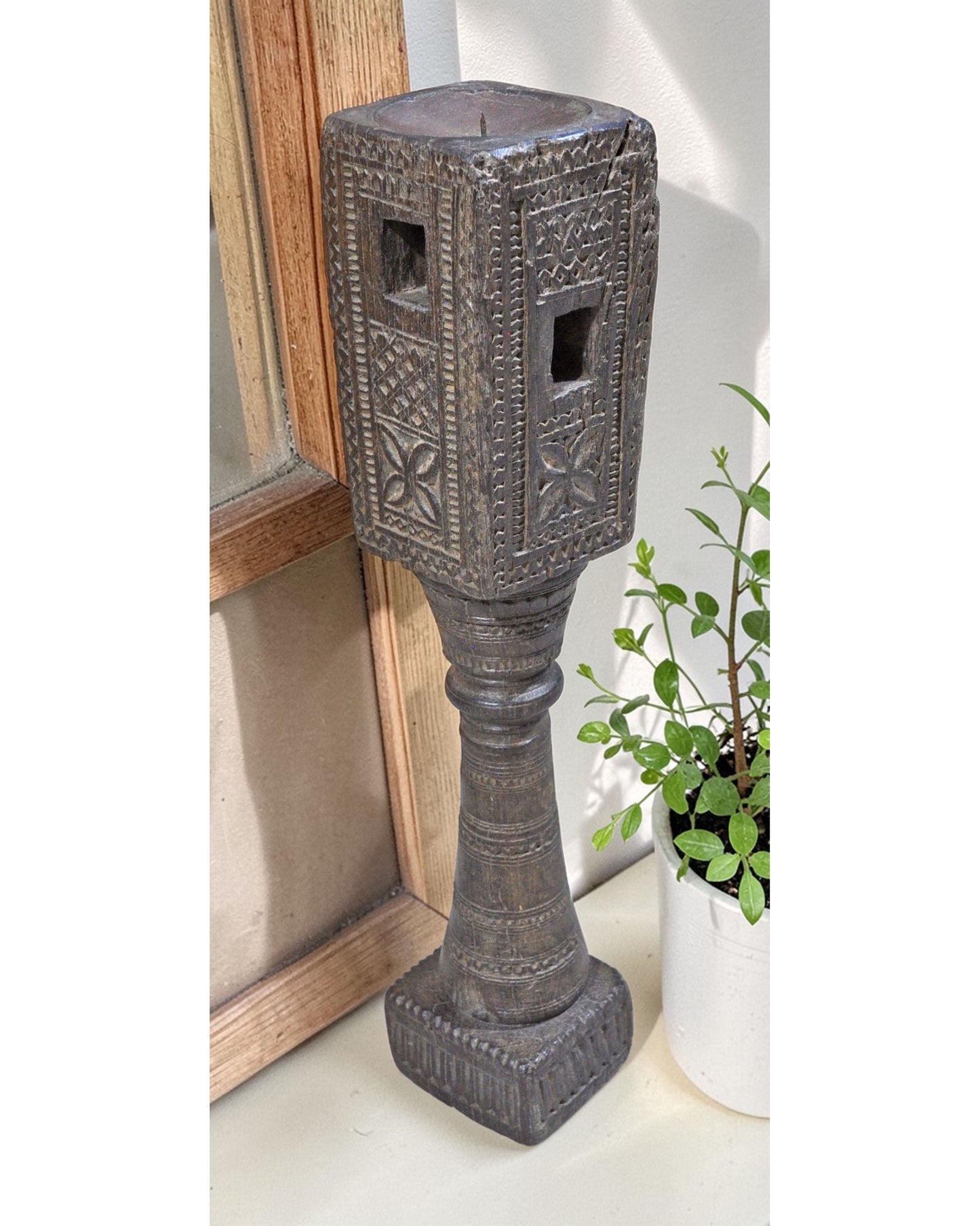 Antique Wooden Tall Candle Holder Stand Original Old Very Fine Hand Carved