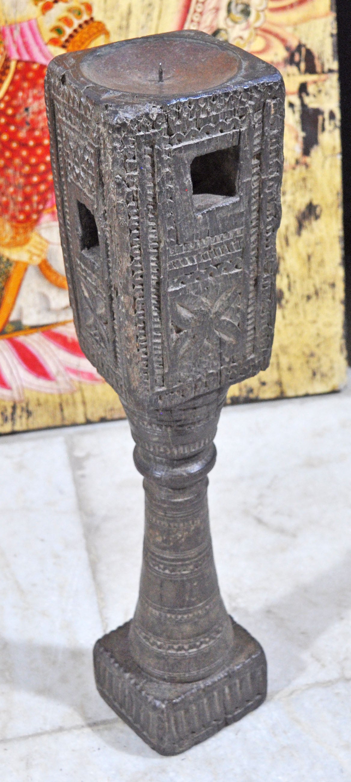 Antique Wooden Tall Candle Holder Stand Original Old Very Fine Hand Carved