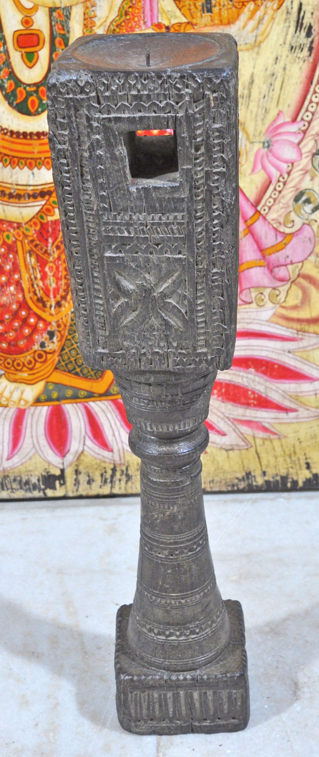 Antique Wooden Tall Candle Holder Stand Original Old Very Fine Hand Carved