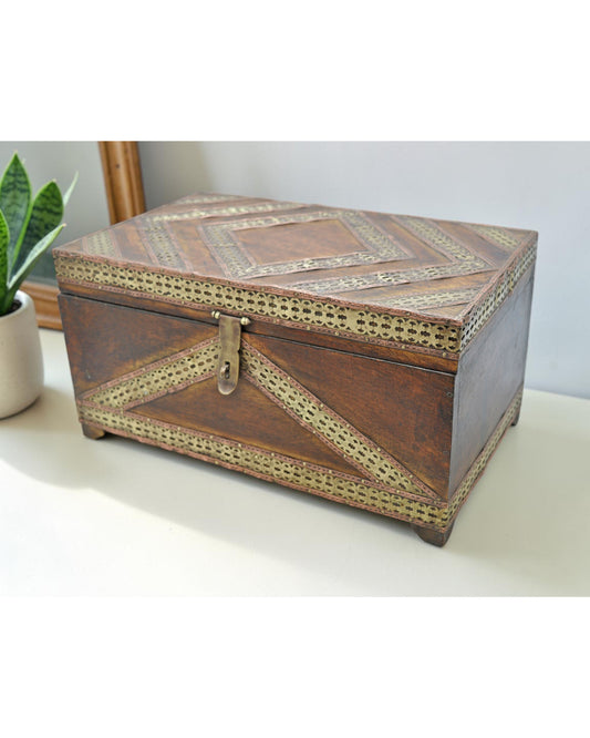 Vintage Wooden Storage Chest Box Original Old Hand Crafted Brass Metal Fitted