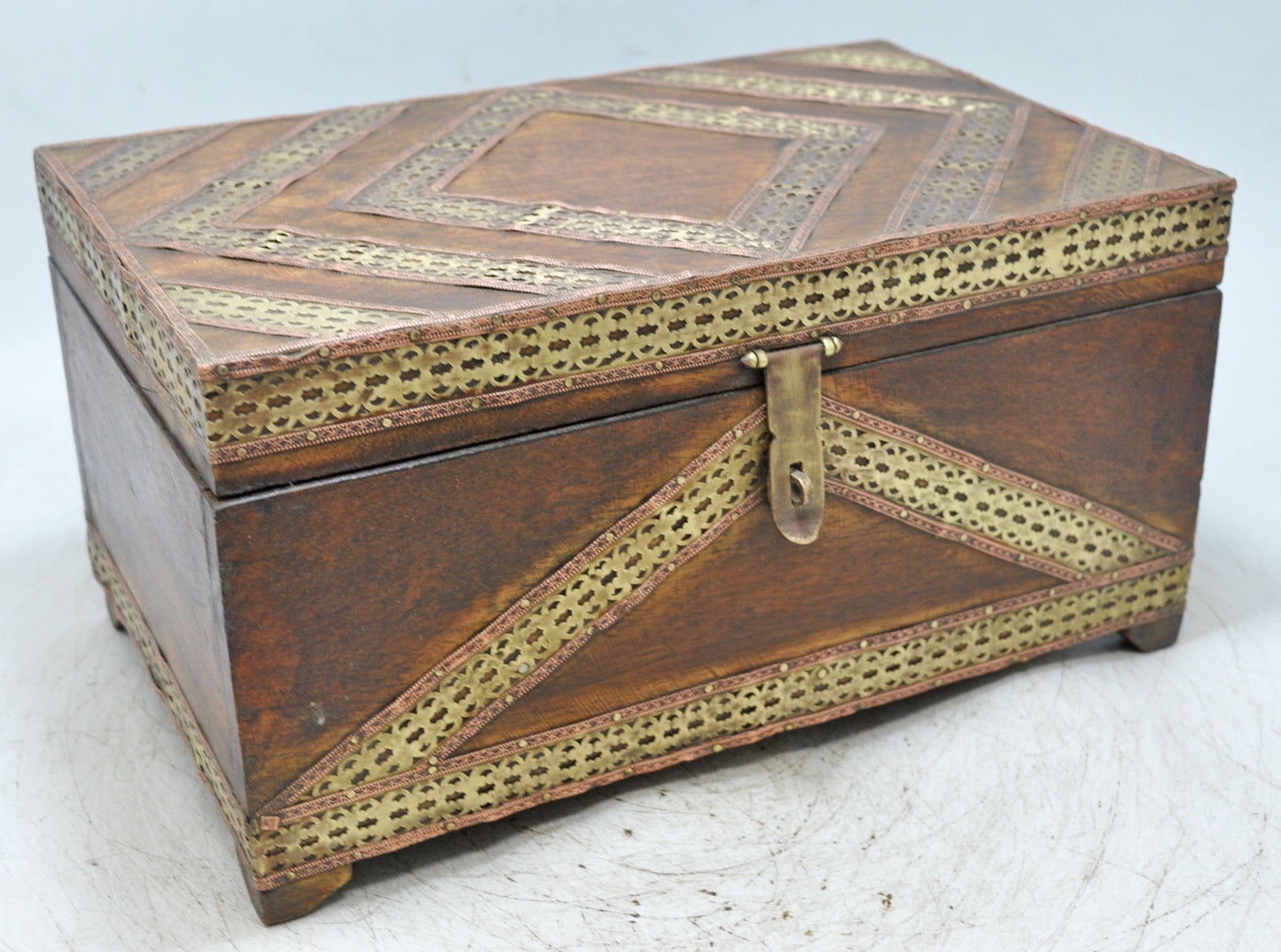 Vintage Wooden Storage Chest Box Original Old Hand Crafted Brass Metal Fitted