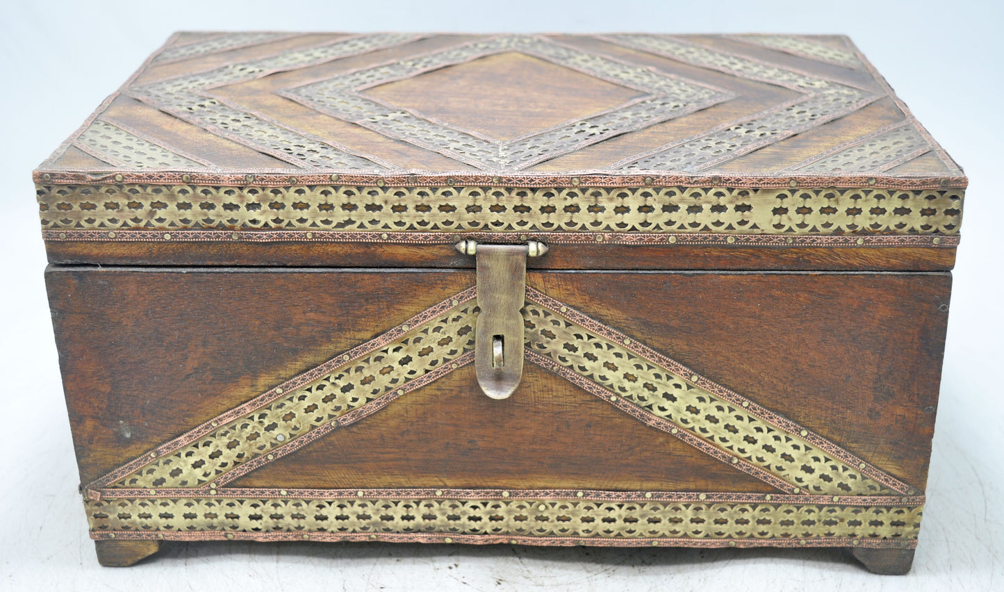 Vintage Wooden Storage Chest Box Original Old Hand Crafted Brass Metal Fitted
