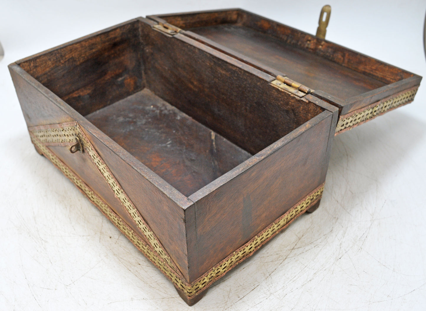 Vintage Wooden Storage Chest Box Original Old Hand Crafted Brass Metal Fitted