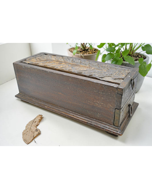 Antique Wooden Large Pencil Stationary Box Original Old Fine Hand Carved