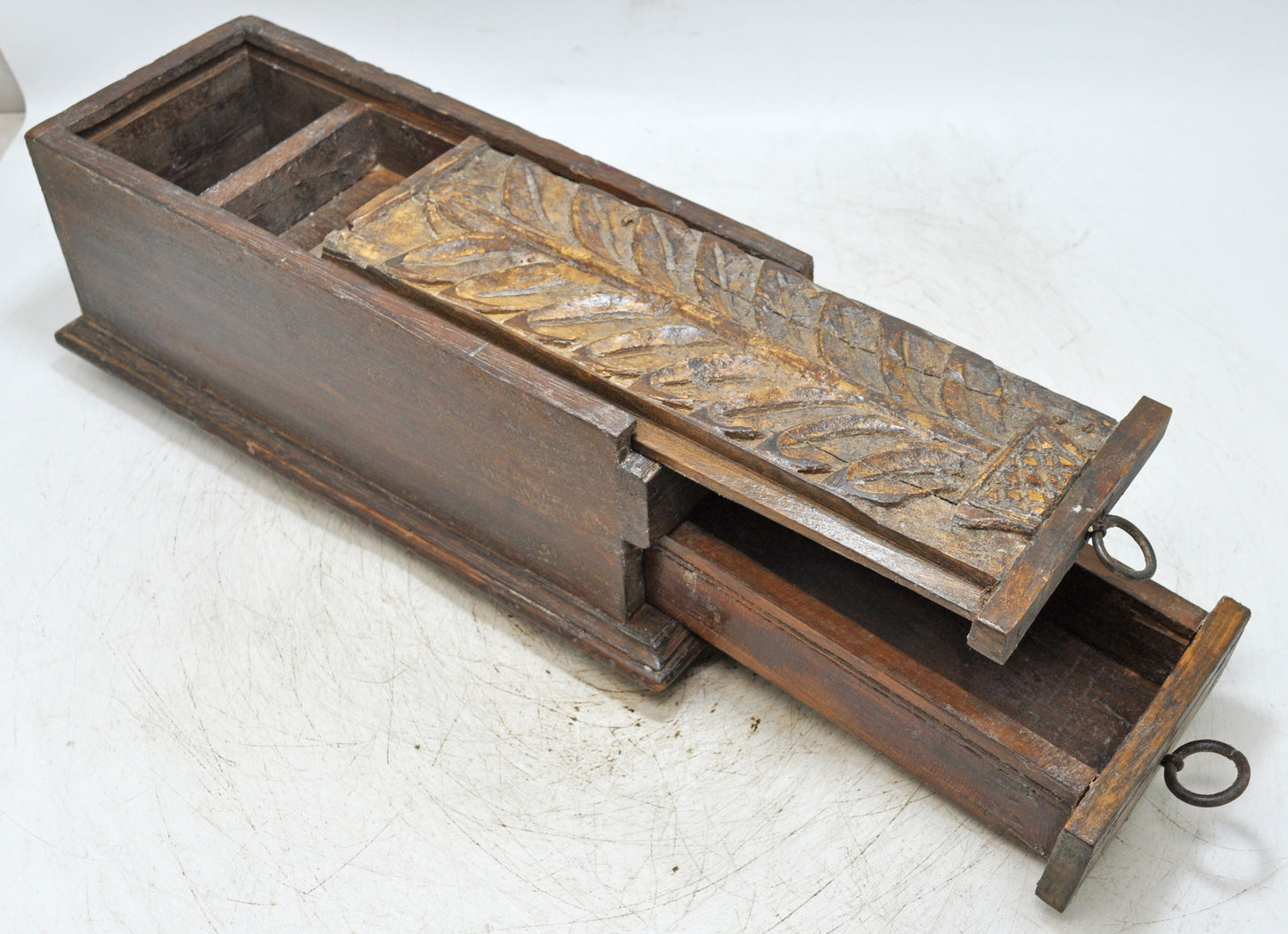Antique Wooden Large Pencil Stationary Box Original Old Fine Hand Carved