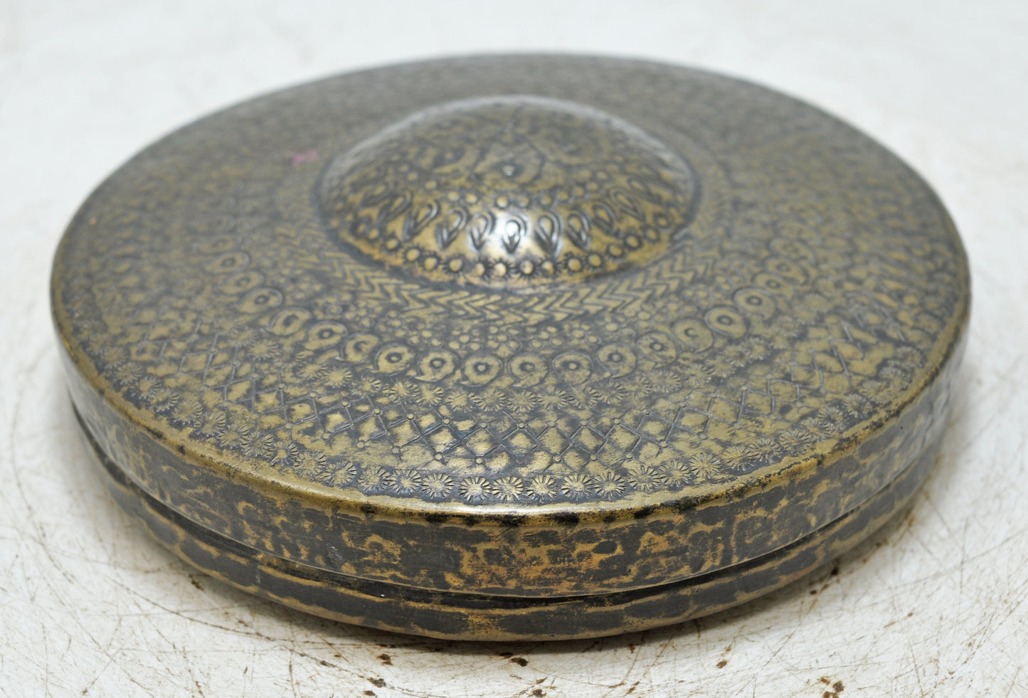 Vintage Brass Round Travelling Prayer Box Original Old God Ganesh Gold Leaf Pain