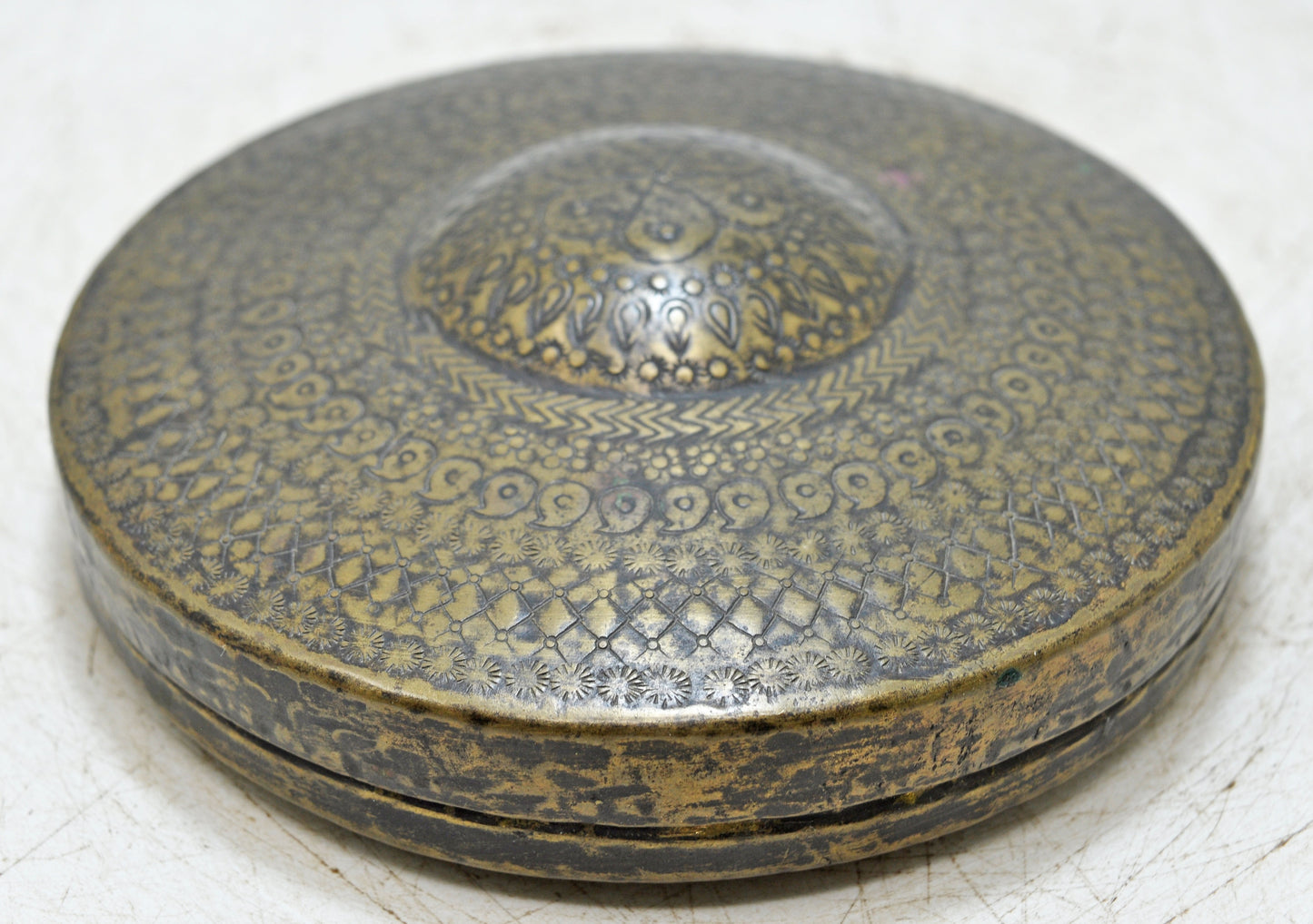 Vintage Brass Round Travelling Prayer Box Original Old God Ganesh Gold Leaf Pain