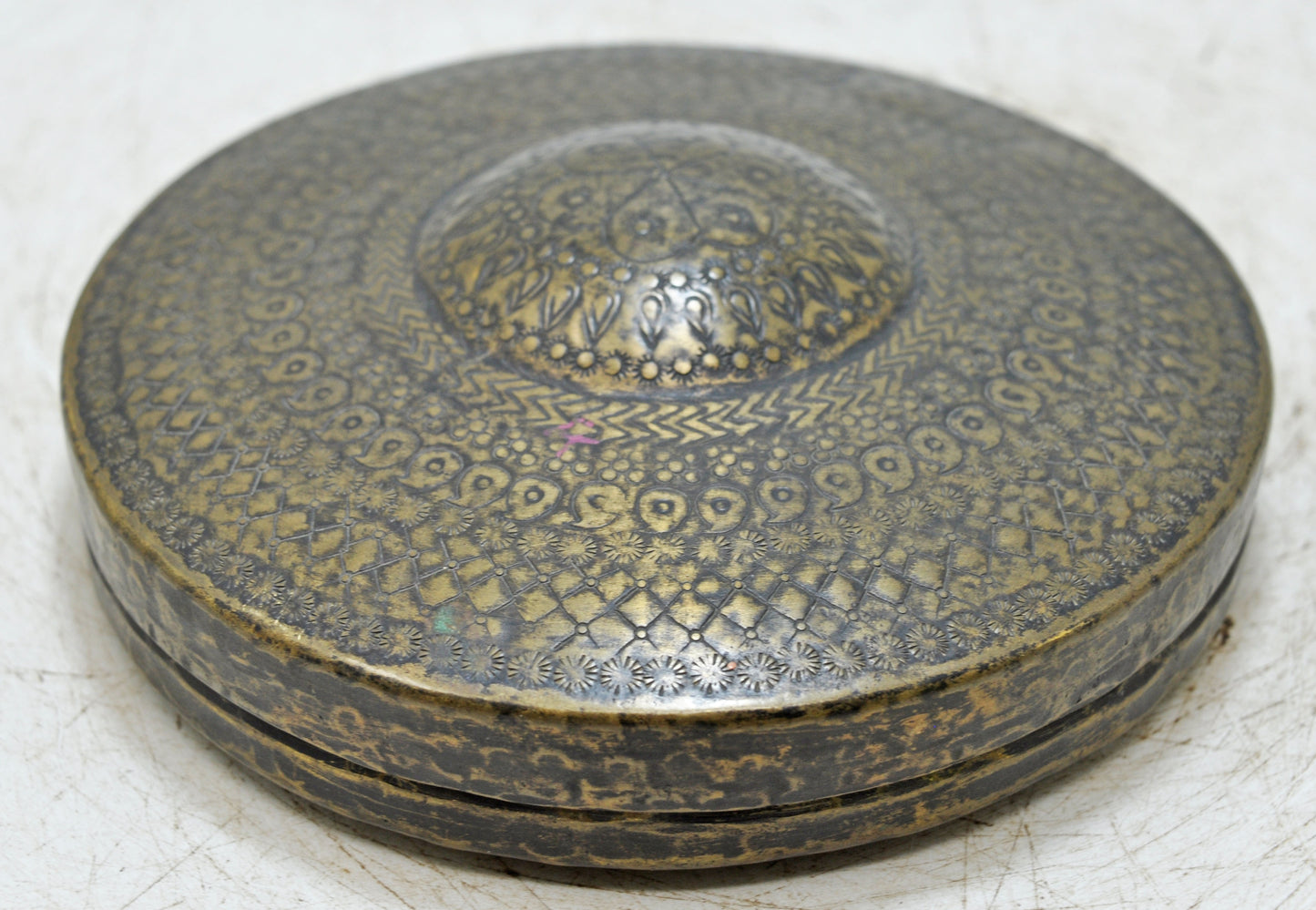 Vintage Brass Round Travelling Prayer Box Original Old God Ganesh Gold Leaf Pain