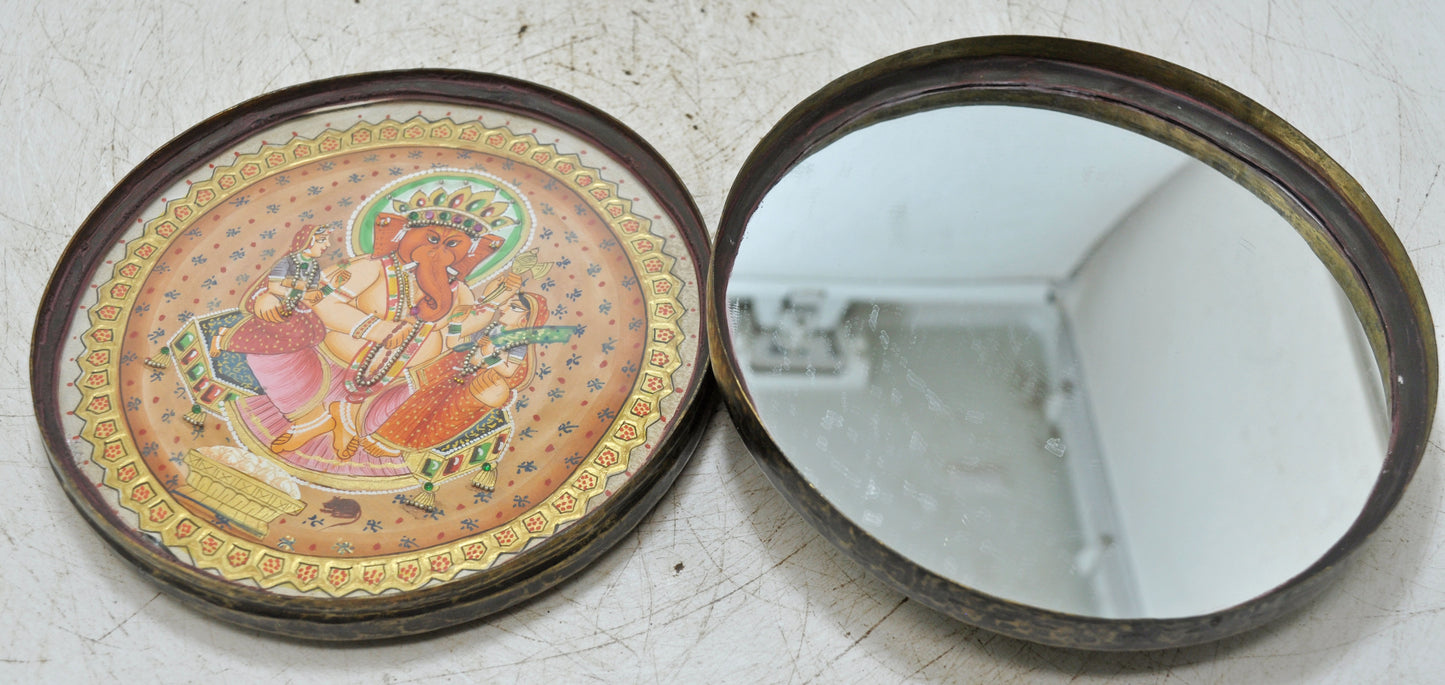 Vintage Brass Round Travelling Prayer Box Original Old God Ganesh Gold Leaf Pain