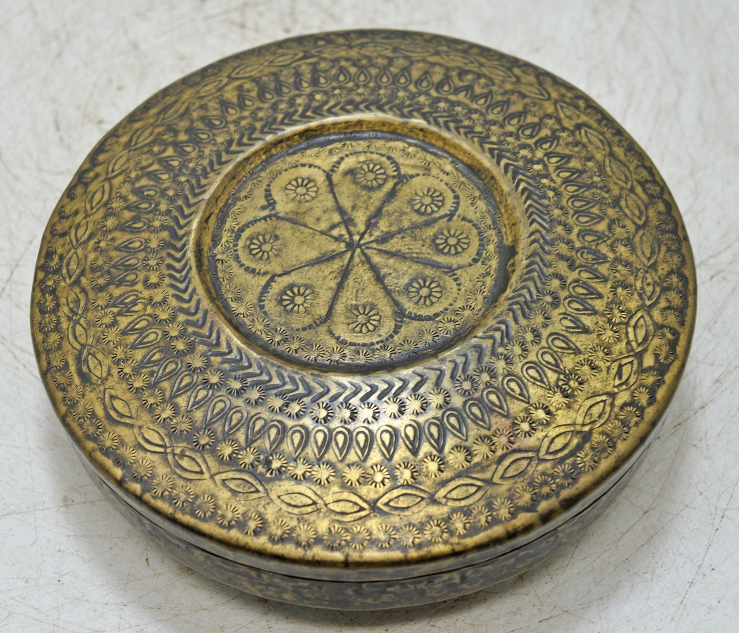 Vintage Brass Round Travelling Prayer Box Original Old God Ganesh Gold Leaf Pain