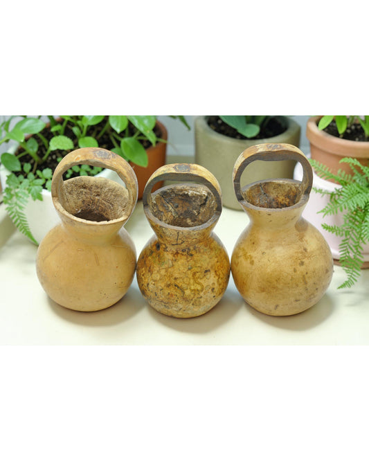 Lot of 3 Antique Wooden Small Water Kamandal Pots Original Old Hand Crafted