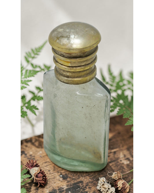 Antique Glass Small Perfume Bottle Original Old Hand Crafted Brass Cap