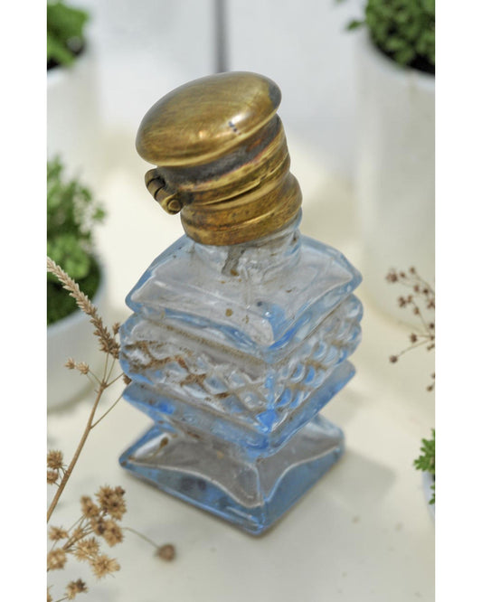 Antique Glass Small Perfume Bottle Original Old Hand Crafted Brass Cap