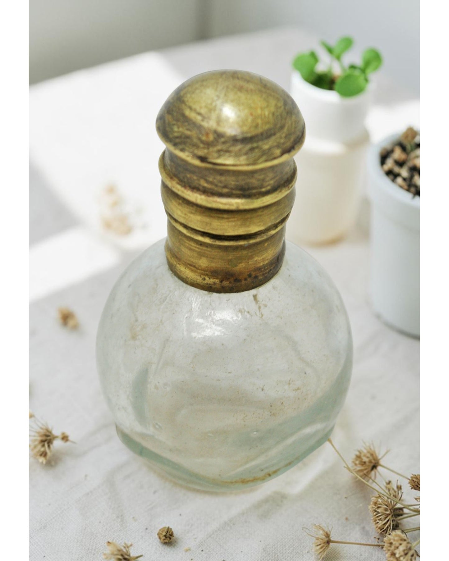 Antique Glass Small Perfume Bottle Original Old Hand Crafted Brass Cap