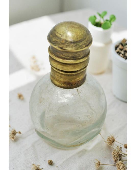Antique Glass Small Perfume Bottle Original Old Hand Crafted Brass Cap