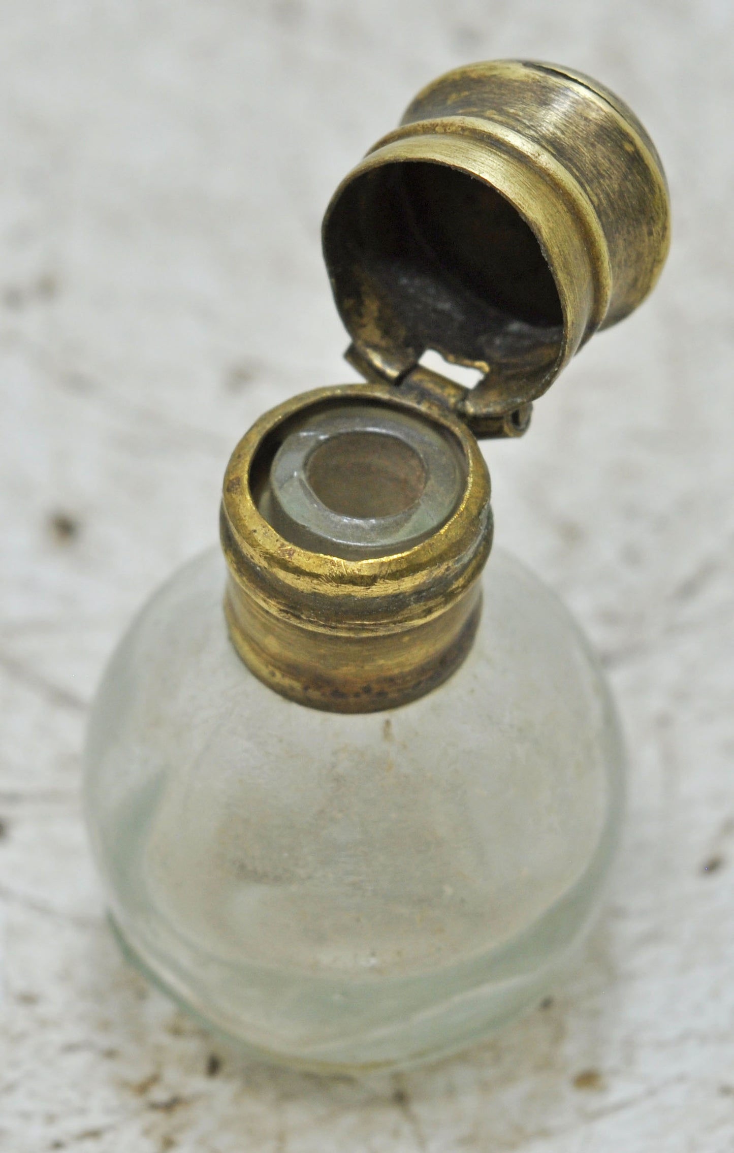 Antique Glass Small Perfume Bottle Original Old Hand Crafted Brass Cap