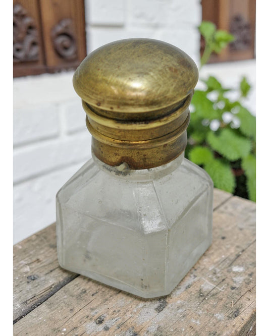 Antique Glass Small Perfume Bottle Original Old Hand Crafted Brass Cap