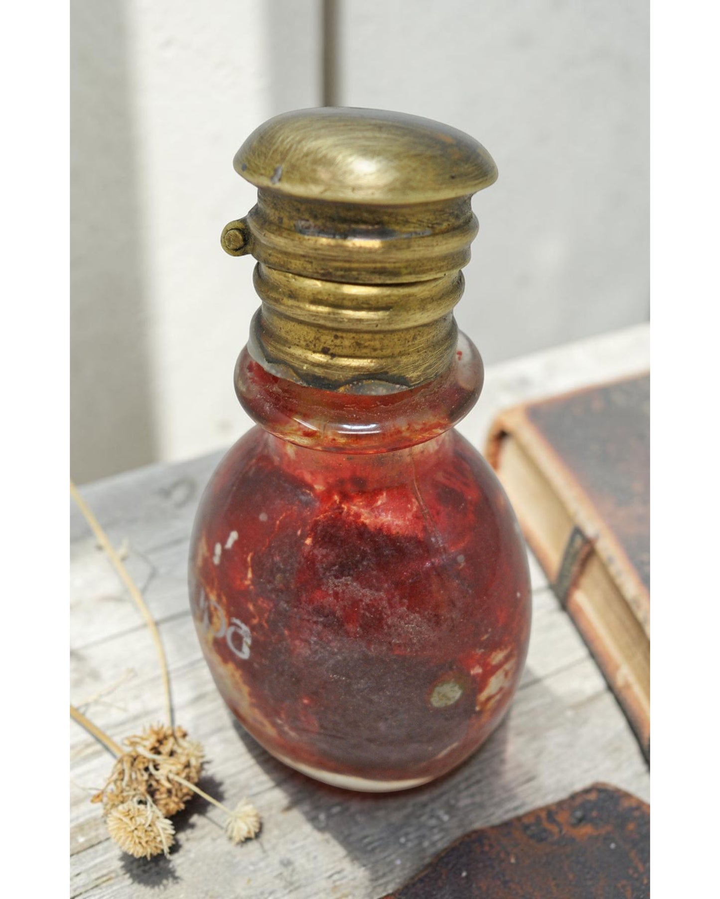 Antique Glass Small Perfume Bottle Original Old Hand Crafted Brass Cap