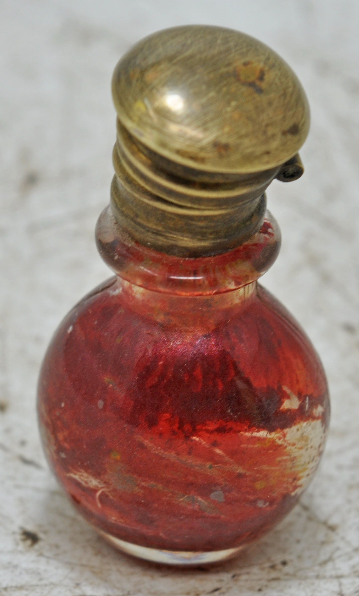 Antique Glass Small Perfume Bottle Original Old Hand Crafted Brass Cap