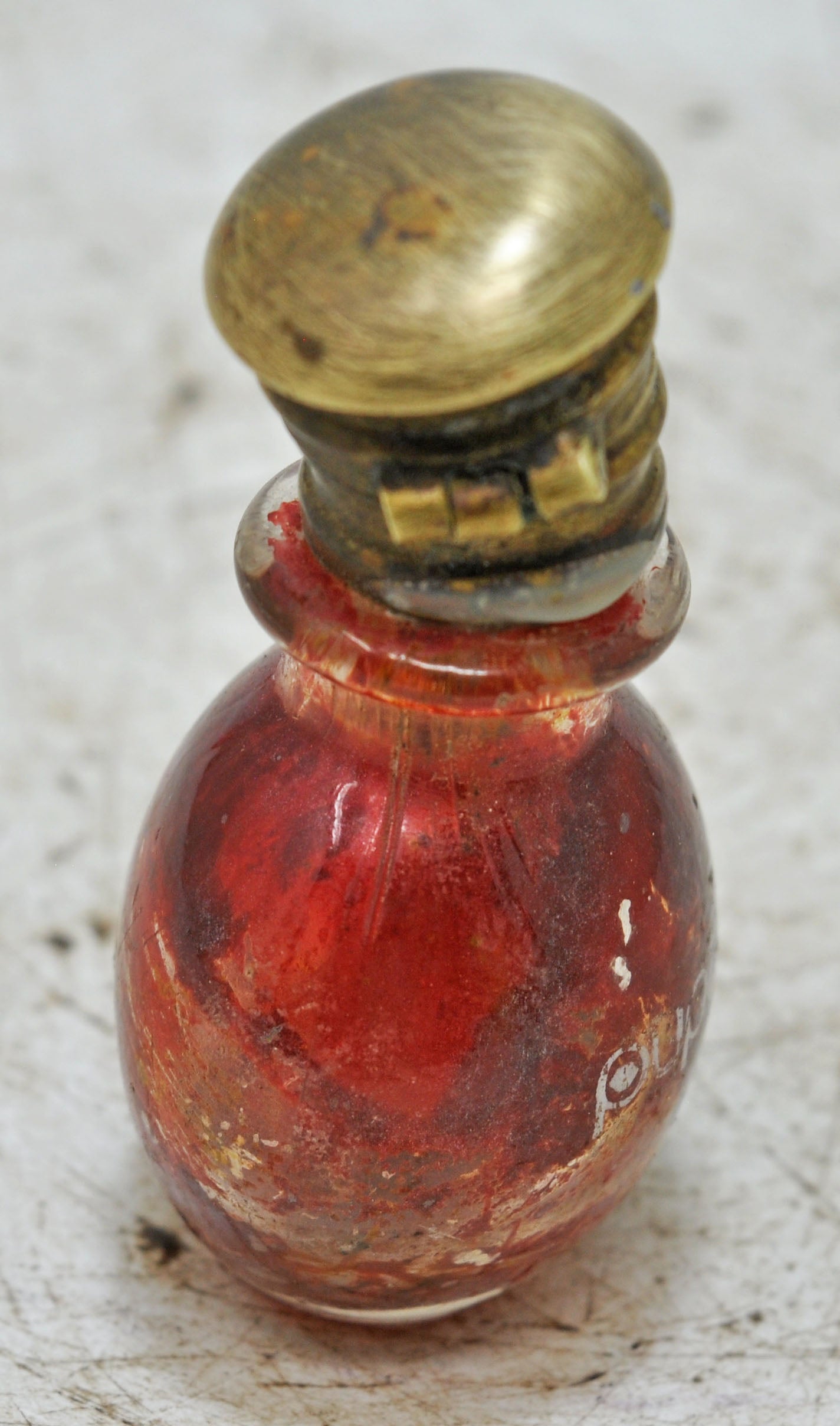 Antique Glass Small Perfume Bottle Original Old Hand Crafted Brass Cap
